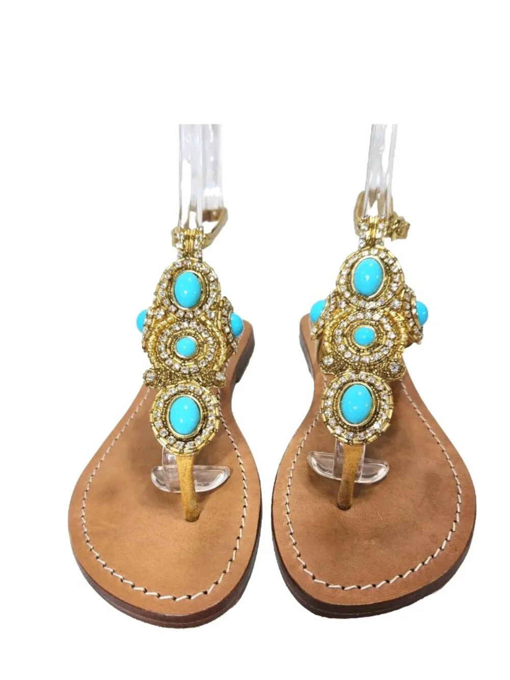 Mystique sandals faux turquoise size 6 gold leather jeweled